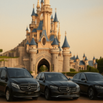 rivate transfer service from CDG Airport to Disneyland Paris with luxury car and driver in front of the castle