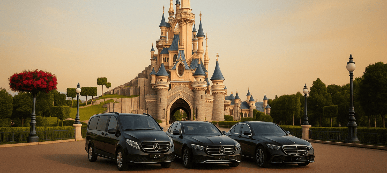 rivate transfer service from CDG Airport to Disneyland Paris with luxury car and driver in front of the castle