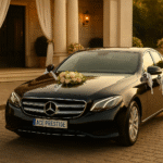 Mercedes E-Class wedding car decorated with flowers and ribbons – ACE Prestige chauffeur service in Paris.