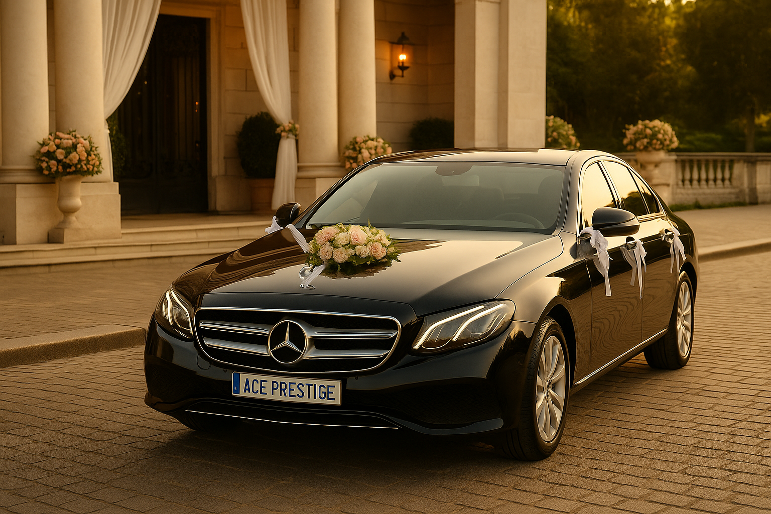 Mercedes E-Class wedding car decorated with flowers and ribbons – ACE Prestige chauffeur service in Paris.