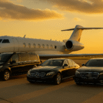 Mercedes V-Class, E-Class, and S-Class fleet at Paris Le Bourget Airport with private jet during sunset