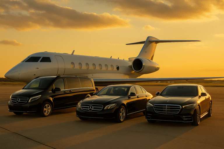 Mercedes V-Class, E-Class, and S-Class fleet at Paris Le Bourget Airport with private jet during sunset