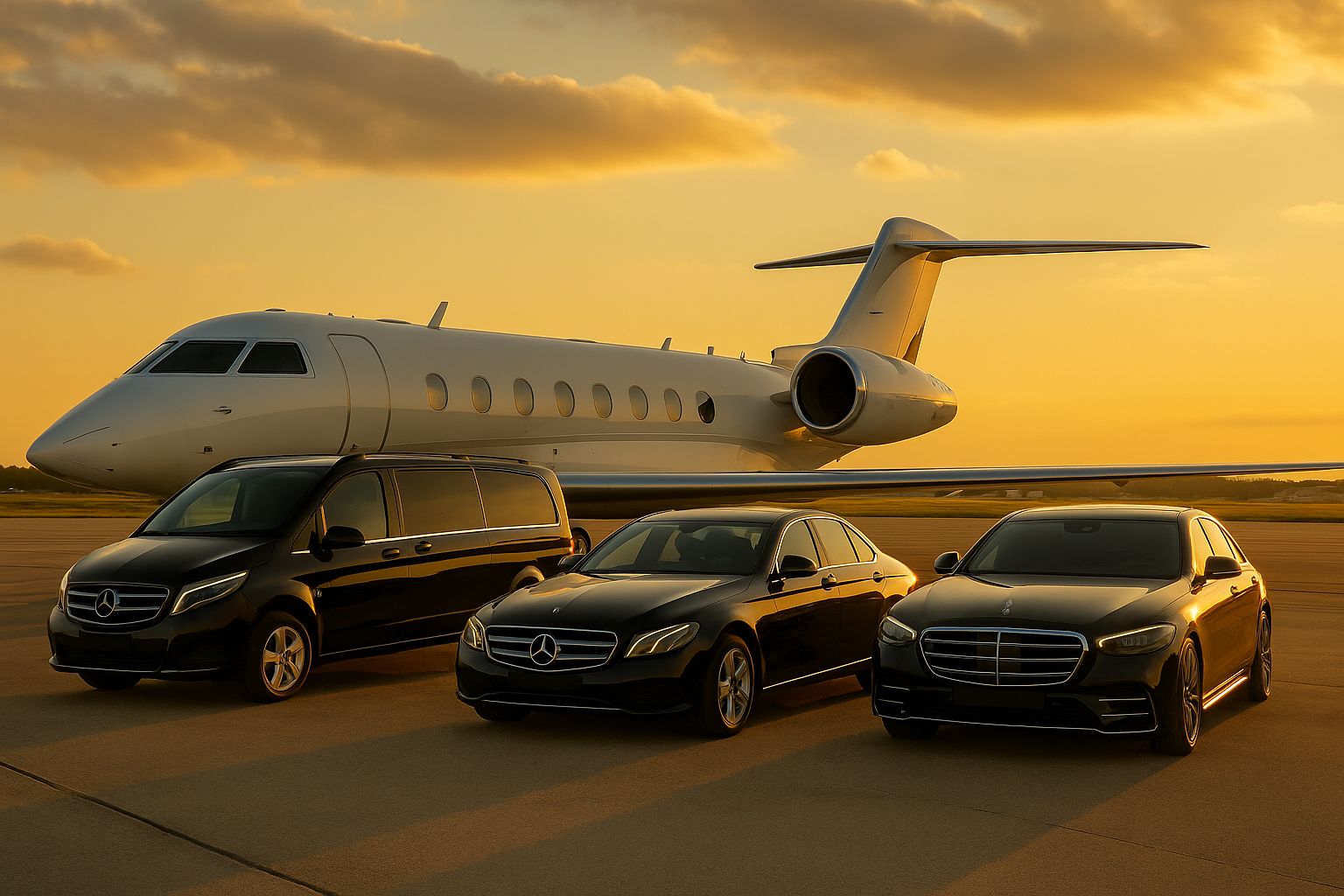 Mercedes V-Class, E-Class, and S-Class fleet at Paris Le Bourget Airport with private jet during sunset