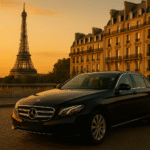 Luxury Mercedes E-Class chauffeur car in Paris near Eiffel Tower at sunset – ACE Prestige city transfer service