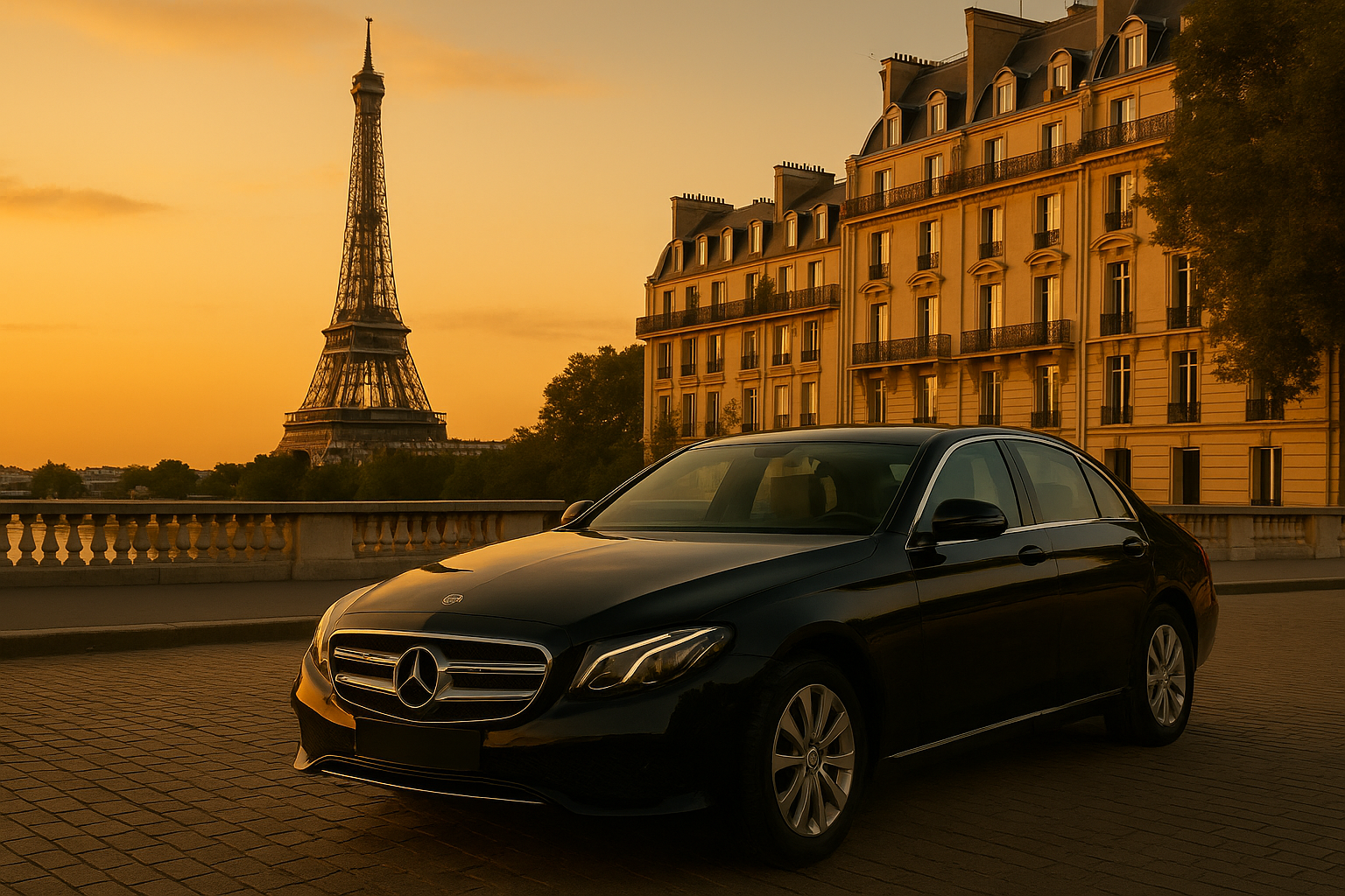 Luxury Mercedes E-Class chauffeur car in Paris near Eiffel Tower at sunset – ACE Prestige city transfer service