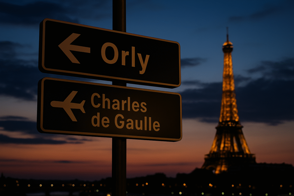 Paris airport signs for Orly and Charles de Gaulle with Eiffel Tower at sunset