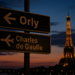 Paris airport signs for Orly and Charles de Gaulle with Eiffel Tower at sunset