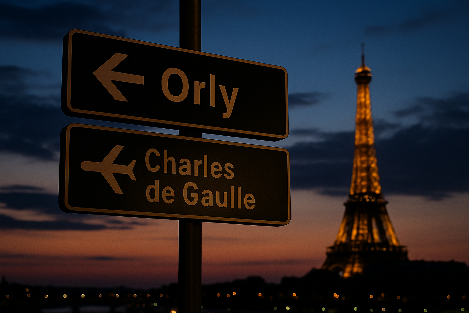 Paris airport signs for Orly and Charles de Gaulle with Eiffel Tower at sunset