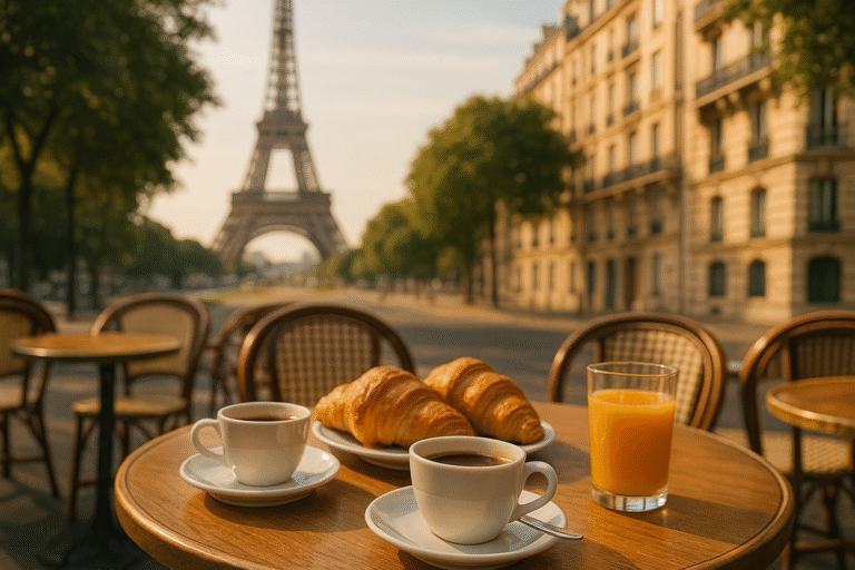 Parisian breakfast with croissants, coffee, and orange juice in front of the Eiffel Tower