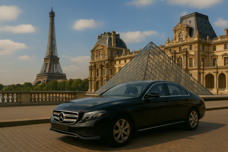 Private chauffeur Mercedes car in Paris with Eiffel Tower and Louvre Museum