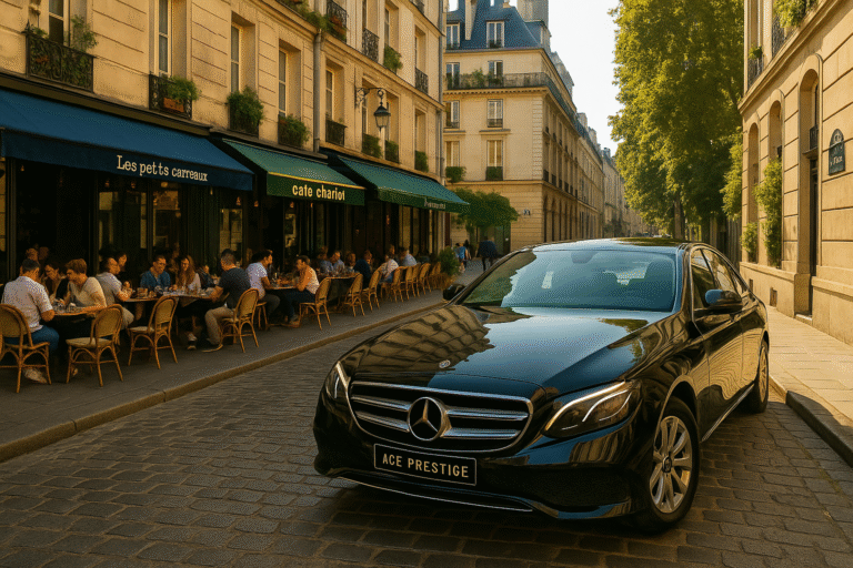 Private chauffeur car in Le Marais Paris near traditional French cafés