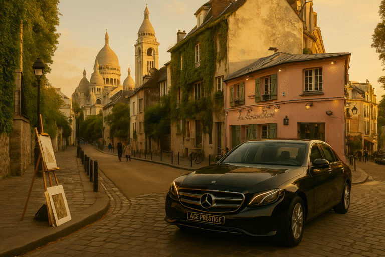 Private chauffeur car in Montmartre Paris with Sacré-Cœur Basilica at sunset
