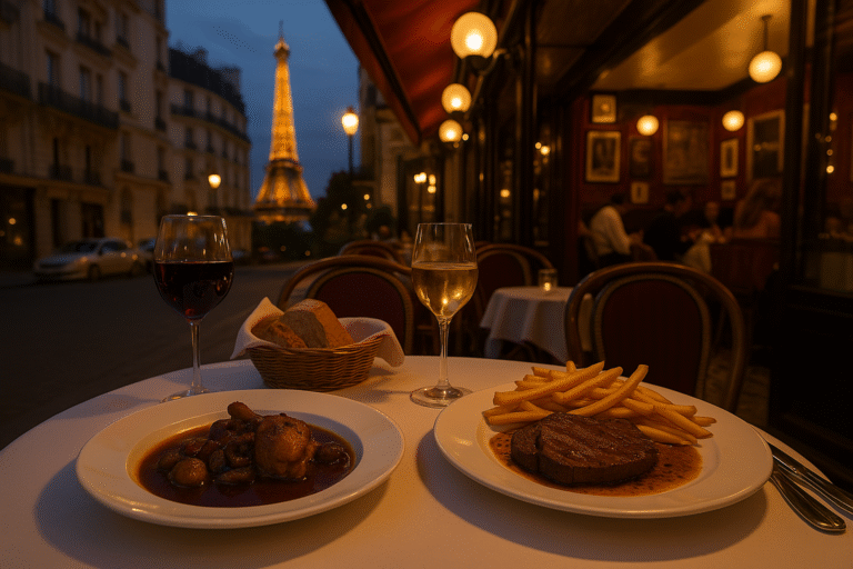 Parisian dinner with Eiffel Tower view – steak, fries, wine at a traditional French restaurant